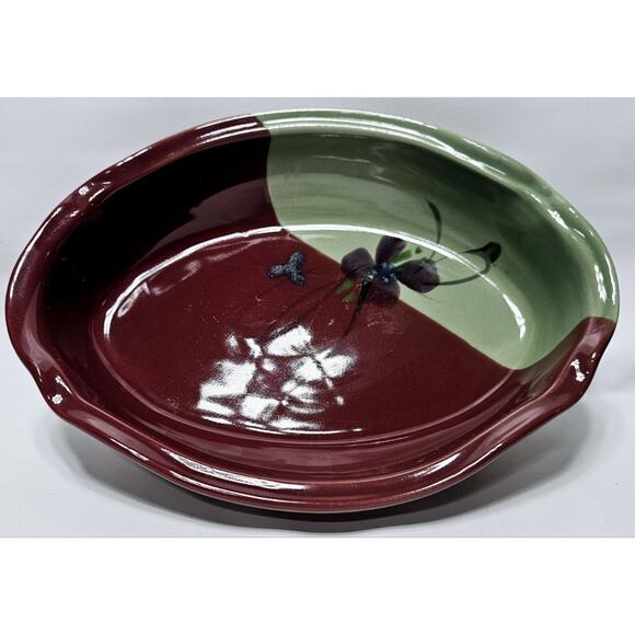 KENT FOLLETTE Pottery Oval Casserole/Serving Dish Cranberry/Green EUC - Picture 1 of 10